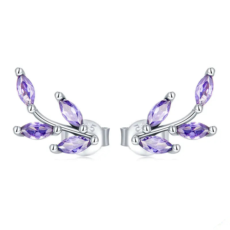 Genuine 925 Sterling Silver Purple Branch Stud Earrings