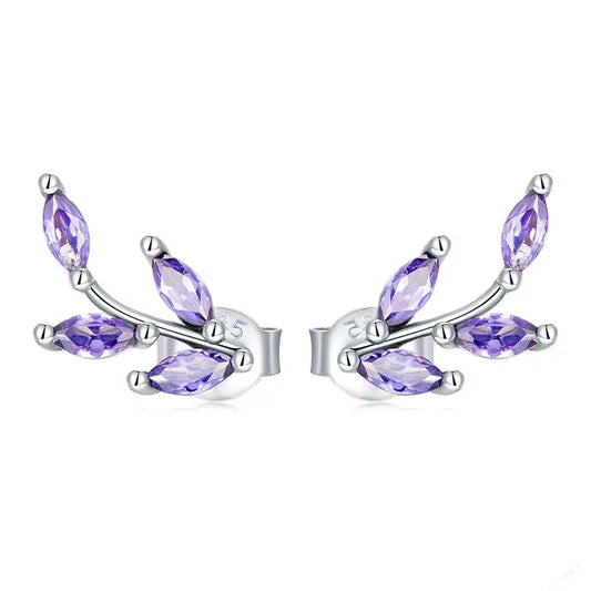 Genuine 925 Sterling Silver Purple Branch Stud Earrings